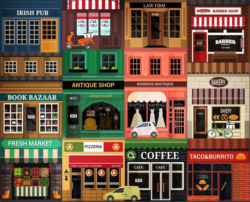 Graphic vector facade vintage boutique. Detailed Illustration of a
