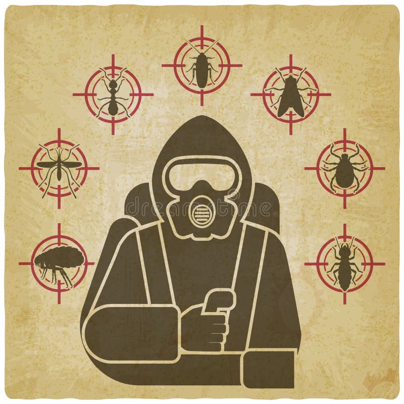 Exterminador del control de parásito en la silueta del traje protector rodeada por los iconos del parásito de insecto en fondo de ilustración del vector Exterminador del control de parásito en la silueta del traje protector rodeada por los iconos del parásito de insecto en fondo de ilustración del vector