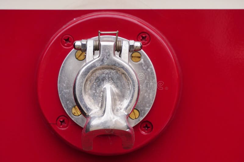 External docking element of the red retro tram, Museum exhibit, mounting element, metal latch royalty free stock images
