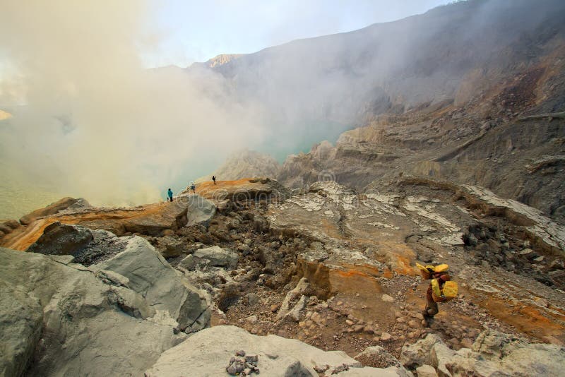 Extracting Sulphur Inside Kawah Ijen Crater Stock Image - Image of ...