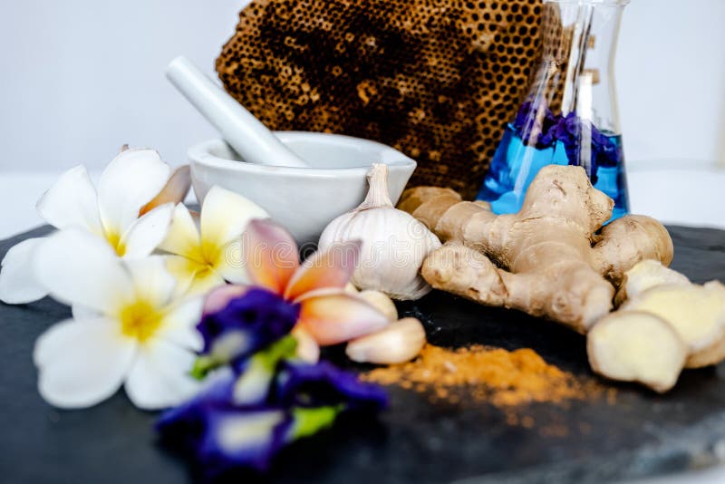 Extraction of Ginger and Garlic To Make Herbal Medicine Stock Photo