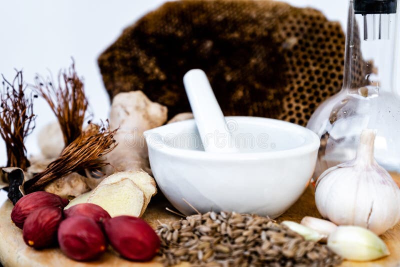 Extraction of Ginger and Garlic To Make Herbal Medicine Stock Photo