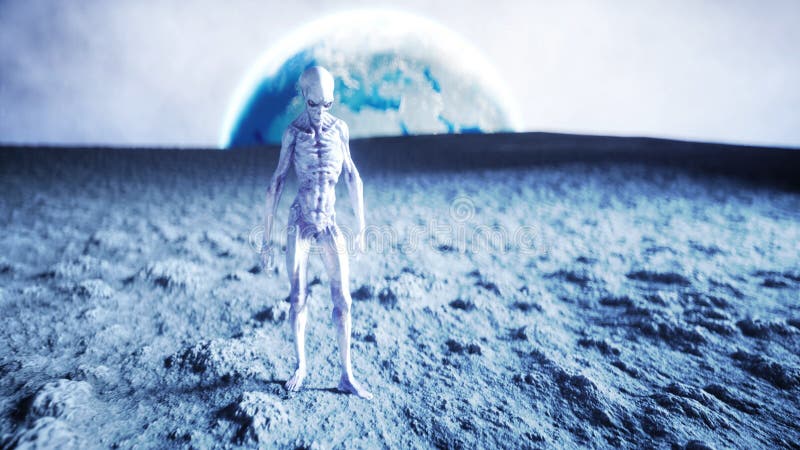 Extranjero en el planeta, luna Tierra en backgound UFO representación 3d stock de ilustración Extranjero en el planeta, luna Tierra en backgound UFO representación 3d stock de ilustración