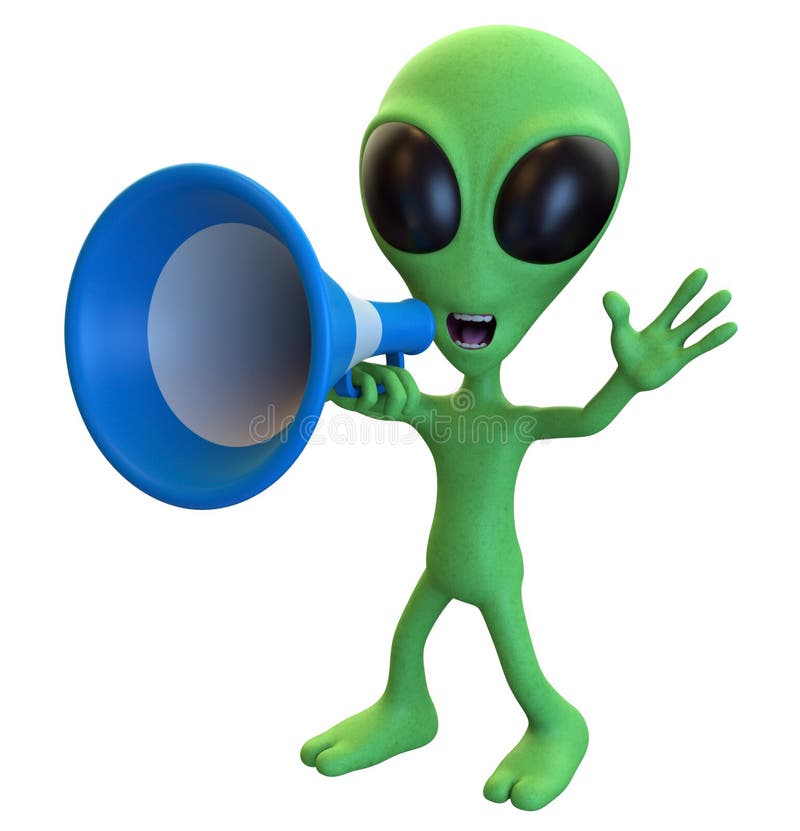 3D rendering of a loud mouth cartoon alien yelling through a megaphone isolated on a white background. 3D rendering of a loud mouth cartoon alien yelling through a megaphone isolated on a white background.