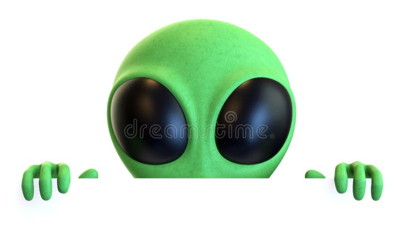 3D rendering of a shy cartoon alien hiding and peeking over a blank sign with empty space for copy isolated on a white background. 3D rendering of a shy cartoon alien hiding and peeking over a blank sign with empty space for copy isolated on a white background.