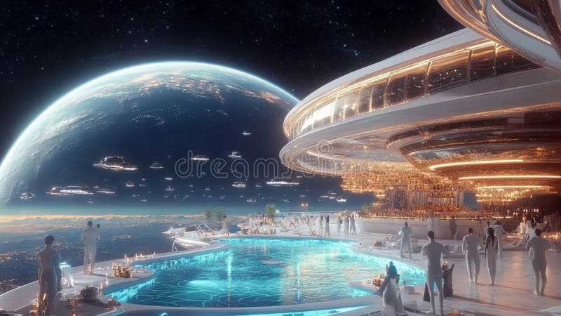 Extraterrestra Lyrans som har en sommarfest på en sackeshöftspooldekan med rymdvy royaltyfri illustrationer