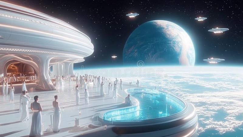 Extraterrestra Lyrans som har en sommarfest på en sackeshöftspooldekan med rymdvy royaltyfri illustrationer