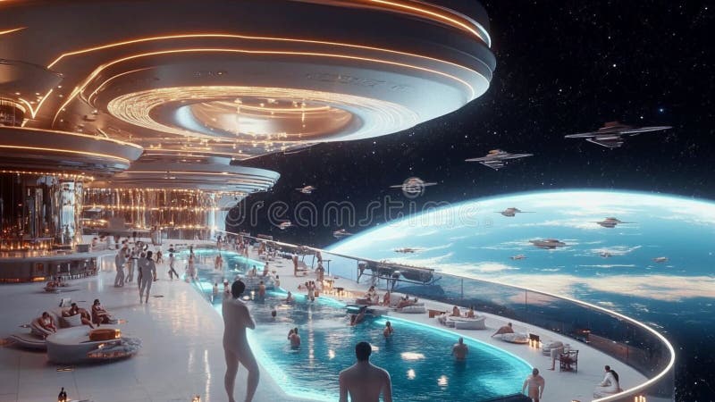 Extraterrestra Lyrans som har en sommarfest på en sackeshöftspooldekan med rymdvy vektor illustrationer