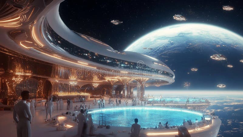 Extraterrestra Lyrans som har en sommarfest på en sackeshöftspooldekan med rymdvy royaltyfri illustrationer