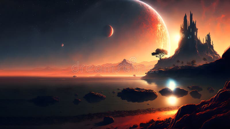 Extraterrestrial landscape of seashore with fairy tale castle on rocks and close large planetoids in sunrise sky, neural royalty free stock images