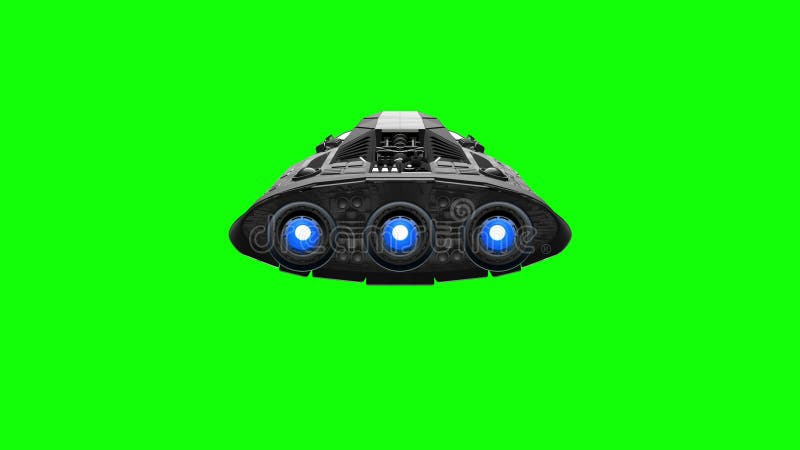 Green screen on background, extraterrestrial sci-fi spaceship flies in space. Powerful engines pulsate and flashing, 3d