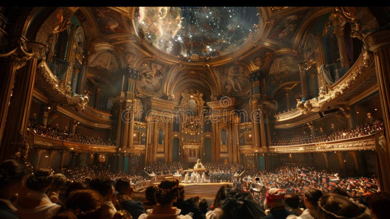 Extravagant space opera theater baroque architecture, golden carvings, and sci fi frescoes