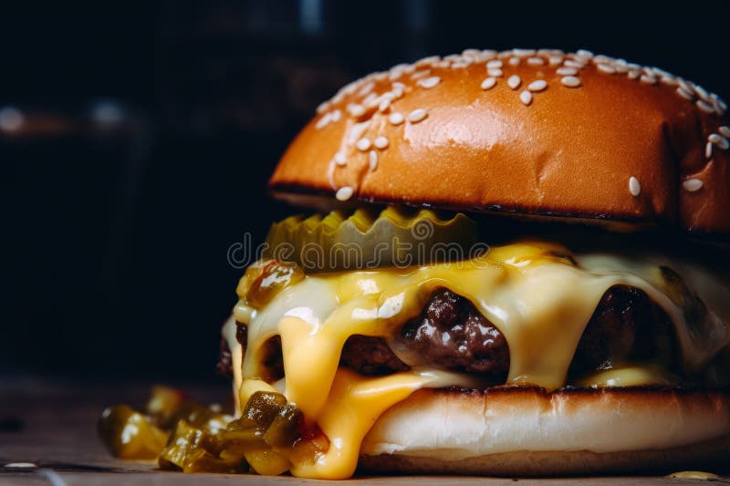 Extreme Closeup of a Burger with Melted Cheese and Pickles on a