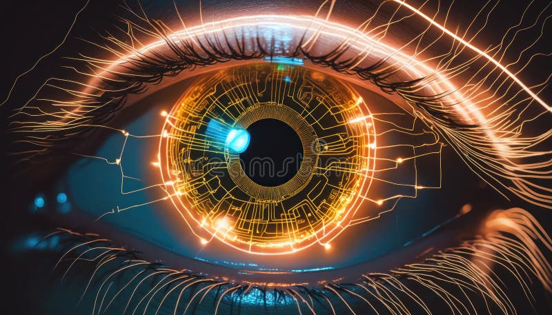 An extreme close up of human\ s eye with reflection of a glowing circuit diagram, electric lights