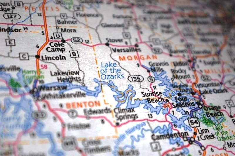 Lake Of The Ozarks On A Map Extreme Close-Up Of Lake Of The Ozarks In A Map Stock Photo - Image Of  Travel, Sightseeing: 156484776