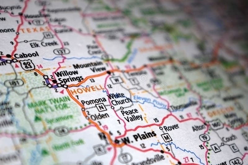 Extreme Closeup Of Willow Springs, Missouri In A Map Stock Image