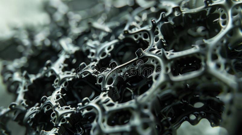 An extreme closeup of a small intricate device made entirely out of magnetic shape memory polymers. It appears to be a complex mechanism with numerous moving parts yet it AI generated