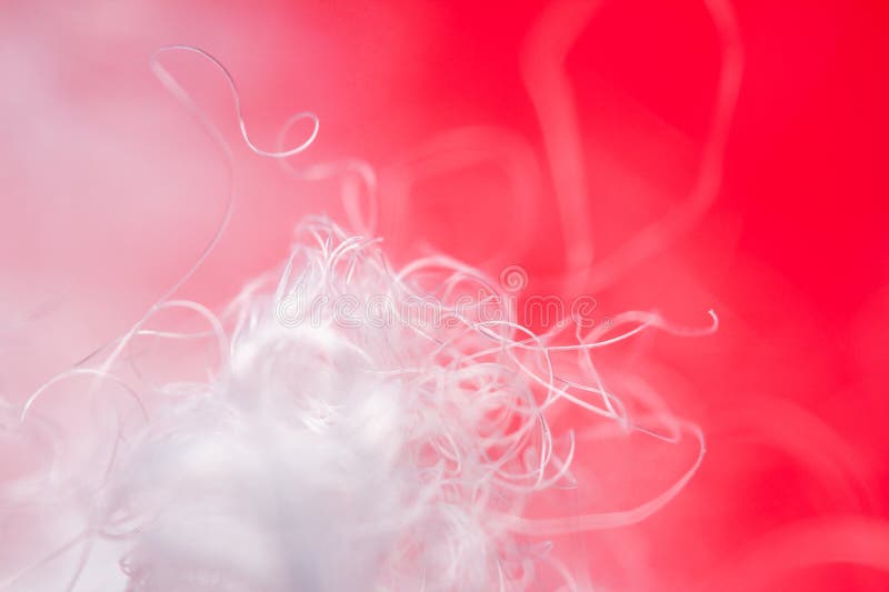 Extreme macro of polyester stable fiber on red background stock photos