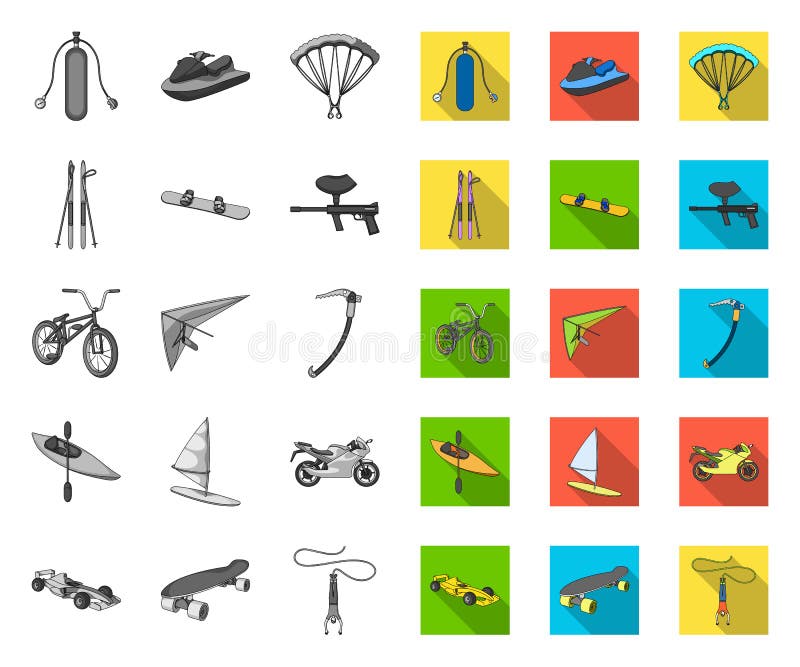 Extreme sport mono, vlakke pictogrammen in vastgestelde inzameling voor ontwerp Verschillende soorten de voorraadweb van het spor royalty-vrije illustratie Extreme sport mono, vlakke pictogrammen in vastgestelde inzameling voor ontwerp Verschillende soorten de voorraadweb van het spor royalty-vrije illustratie