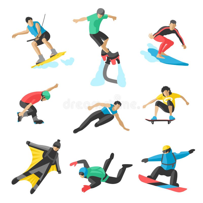 Extreme sport vector people. Parasailing, wakeboard, snowboard, rocker, snowboards, flybord, parkour, extreme, flying vector illustration Extreme sport vector people. Parasailing, wakeboard, snowboard, rocker, snowboards, flybord, parkour, extreme, flying vector illustration