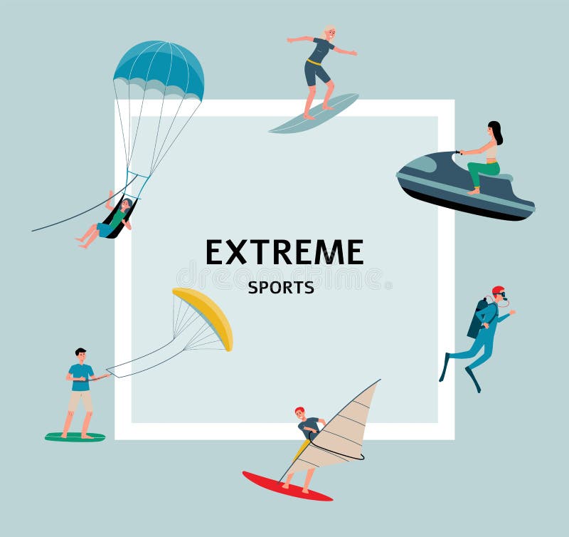 Extreme sports banner with people fond of sport flat vector illustration.