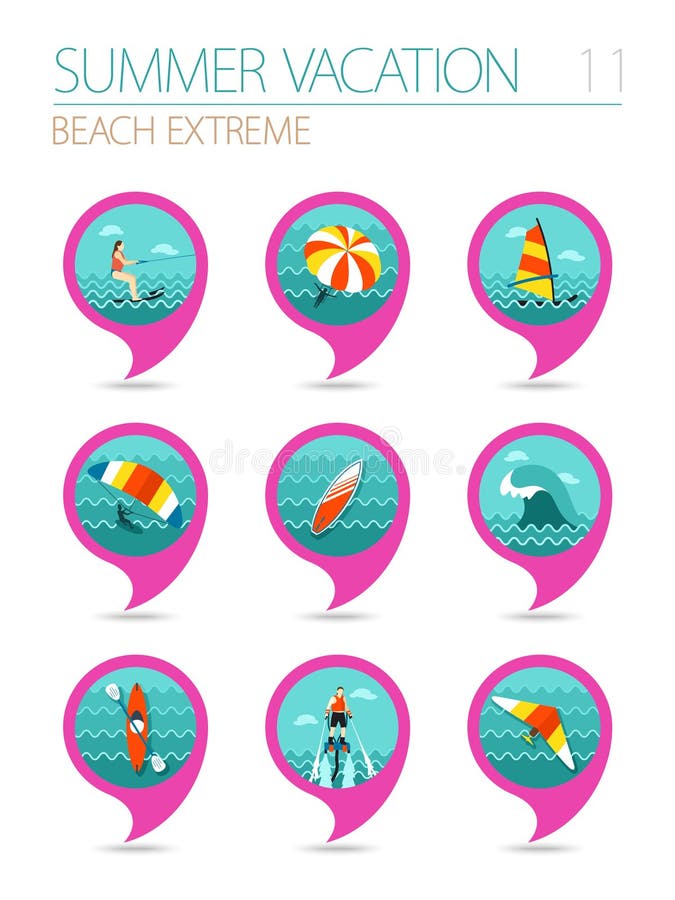 Extreme Water Sport Pin Map Icon Set. Vacation Stock Illustration