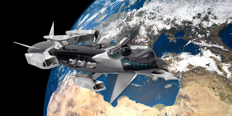 Extremely detailed and realistic high resolution 3D illustration of a space ship flying nearby Earth