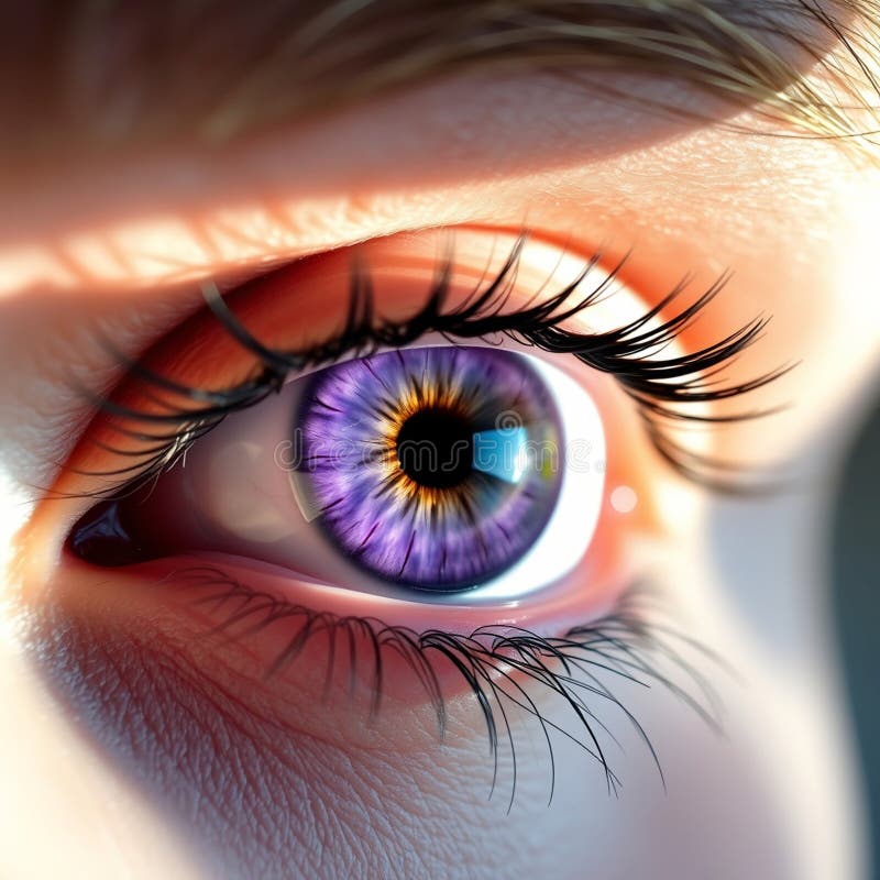 Extrême closeuse d'un oeil violet avec paupières de détail haute résolution avec ombres claires douce éclairage intérieur. image générée par ai.