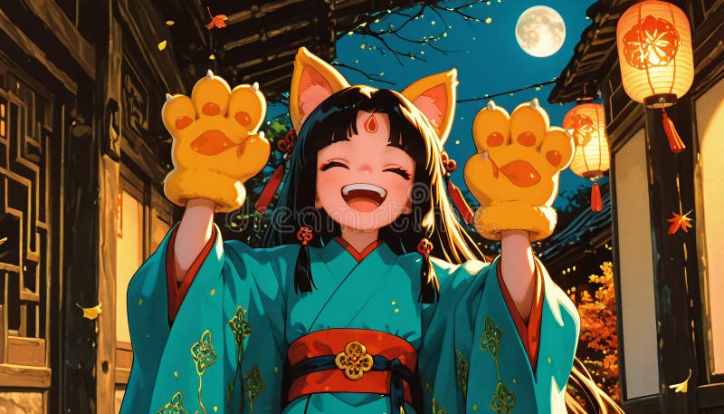 Exuberante anime a una chica con guantes de pata amarilla en el festival de otoño stock de ilustración