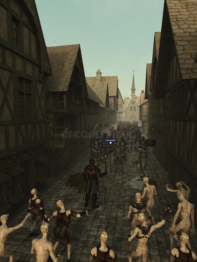 Confrontation between an army of dark fantasy knights and a zombie army in a medieval style city street, 3d digitally rendered illustration. Confrontation between an army of dark fantasy knights and a zombie army in a medieval style city street, 3d digitally rendered illustration