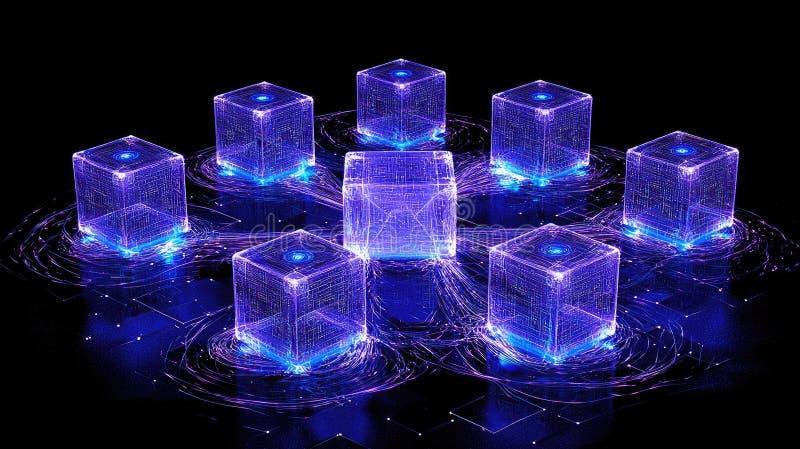 Futuristic Concept of Data Storage and Cryptography with Glowing Cubes and Energy Lines in a Dark Environment for stock photography