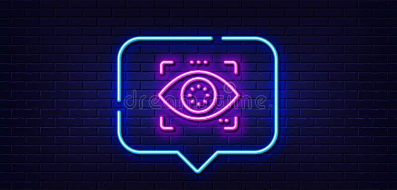 Eye detect line icon. Retina scan sign. Neon light speech bubble. Vector royalty free illustration