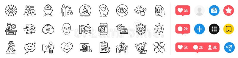 Eye detect, Vr and Search employee line icons pack. For web app. Social media icons. Vector royalty free illustration