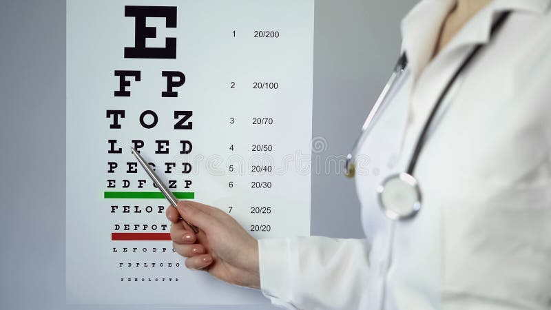Eye doctor pointing at medical table with letters, examining patients eyesight, stock footage