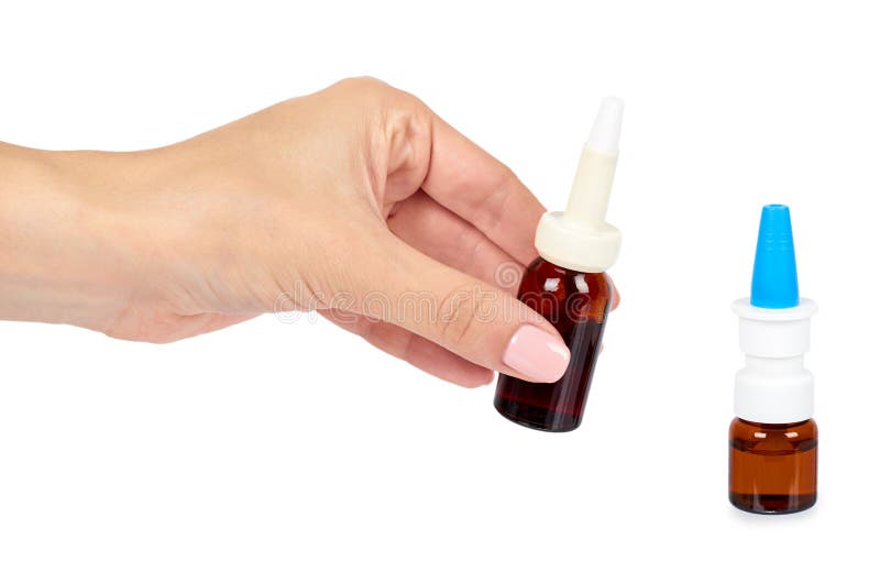 Eye Or Ear Drops Glass Bottle With Hand Isolated On White Background