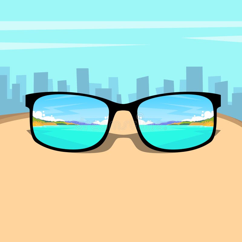 Eye Glasses With Summer Sea, Beach Picture Vacation Rest Dream Concept Over Big City Background vector illustration Eye Glasses With Summer Sea, Beach Picture Vacation Rest Dream Concept Over Big City Background vector illustration