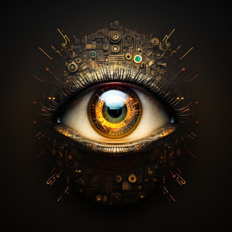 The eye of robot is shown on black background. Generative AI royalty free illustration