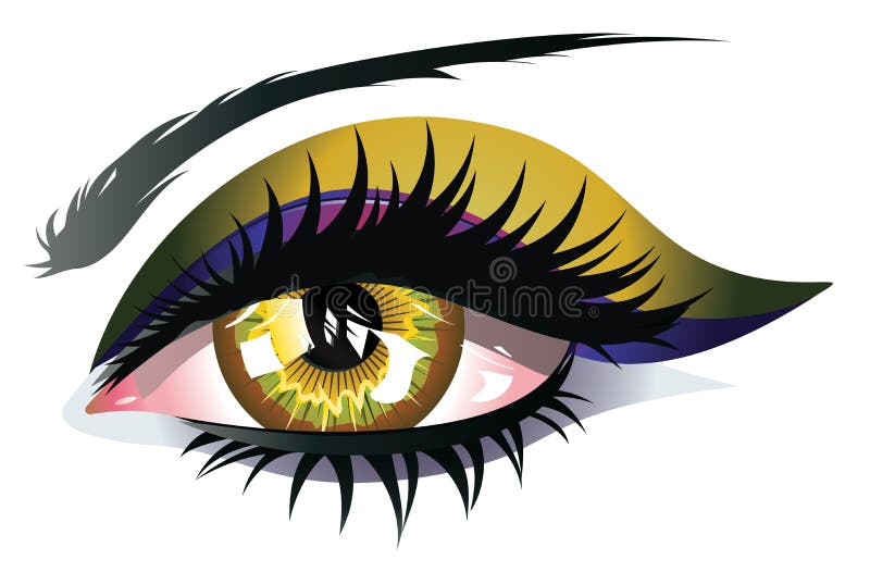 Female eye of yellow color with long lashes and eyeshadow. Female eye of yellow color with long lashes and eyeshadow.