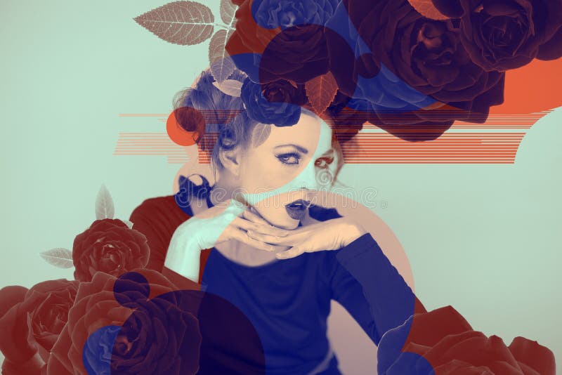 Eyecatching härligt kvinnakonstverk med rosor och färgeffekter i duotone arkivfoto Eyecatching härligt kvinnakonstverk med rosor och färgeffekter i duotone arkivfoto