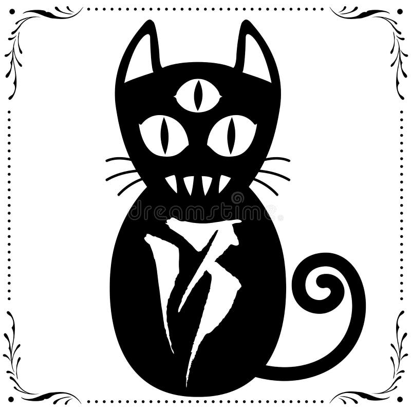 3 Eyed Black Cat N0.13 with Floral frame Ornament vector.