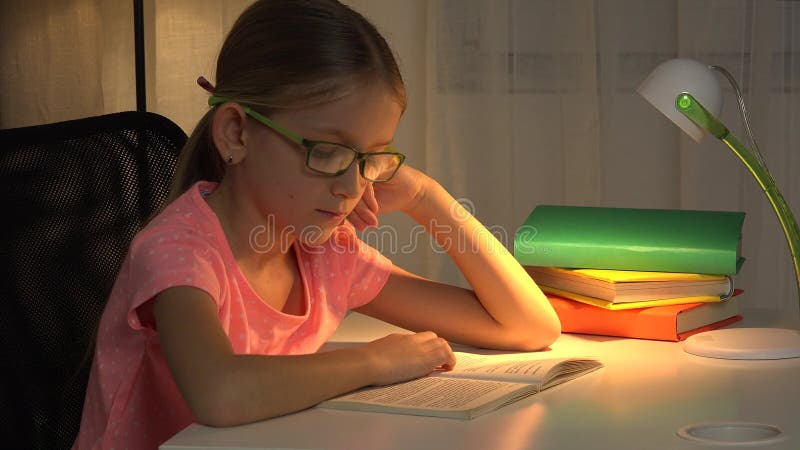 Eyeglasses Child Reading Book, Girl Studying at Desk Lamp, Learning Children 4K