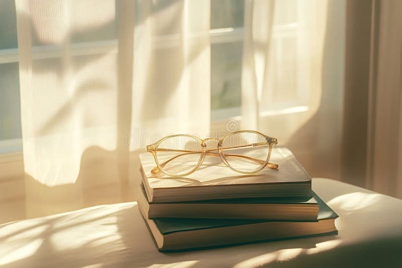 Eyeglasses resting on stack of books by sunlit window royalty free stock image