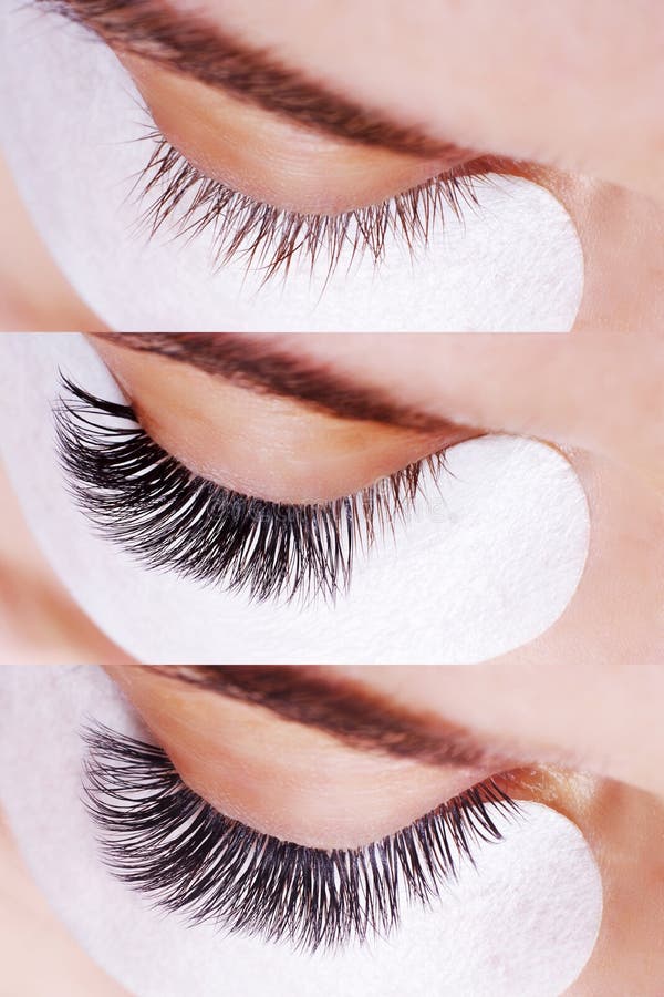 Eyelash Extension. Comparison of Female Eyes before and after. Stock