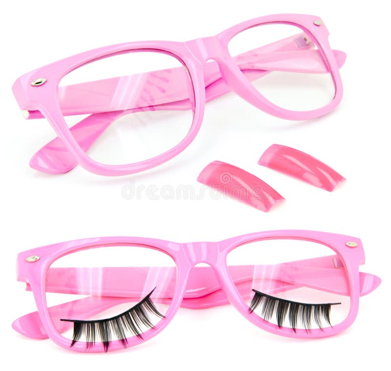 White isolation of 2 pairs of pink glasses, 2 fake nails, and a false eyelashes. White isolation of 2 pairs of pink glasses, 2 fake nails, and a false eyelashes.