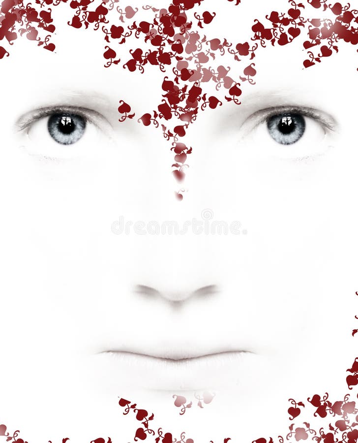 Kompozícia fotografie tváre a ilustráciu kvety a srdce v červenej a ružovej.