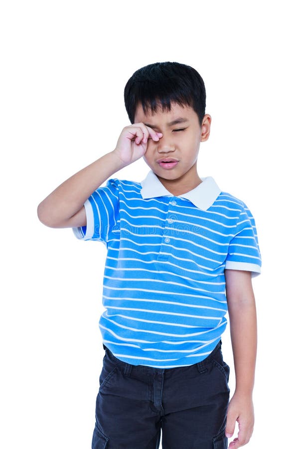 Eyes Pain. Asian child suffering from eyestrain. Isolated on white background.