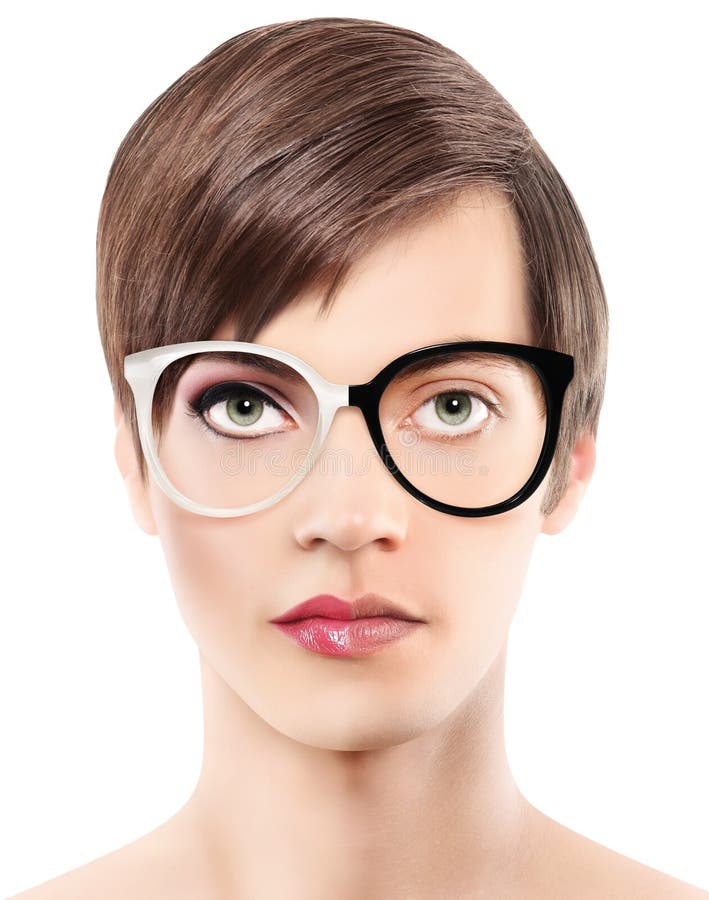 Eyewear glasses half man half woman portrait, wear spectacles royalty free stock images Eyewear glasses half man half woman portrait, wear spectacles royalty free stock images