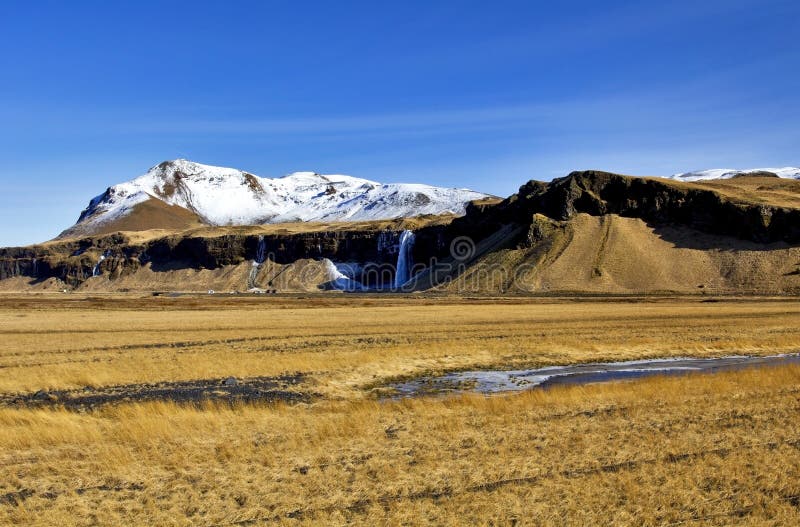 Eyjafjallajokull, van Storhofoi en Seljalandsfoss-Waterval, IJsland stock afbeeldingen Eyjafjallajokull, van Storhofoi en Seljalandsfoss-Waterval, IJsland stock afbeeldingen