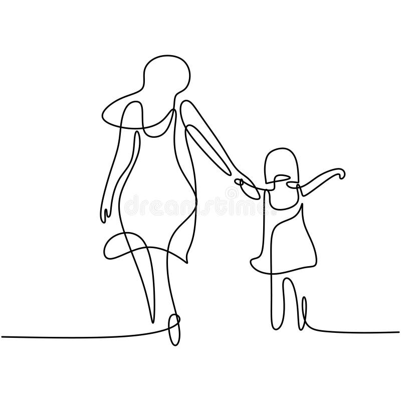 Eén enkele lijn tekening van jonge gelukkige moeder die haar dochter vasthoudt. een moeder die samen met haar kind thuis geïsoleer