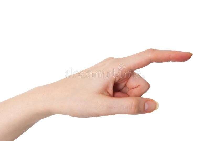 Żeńska ręka wskazuje z palcem wskazującym odizolowywającym na bielu